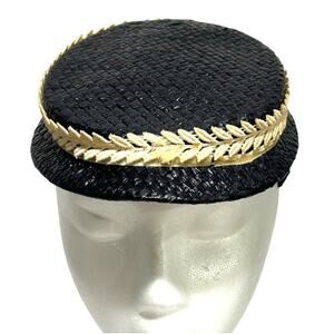 Vintage black straw hat white ribbon lace trim hatband 1920's fitted flat style